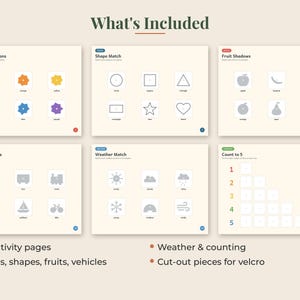 May include: A set of six educational activity pages featuring matching exercises for colors, shapes, fruit shadows, vehicle shadows, weather patterns, and counting to five. The pages include text labels and icons for each task, designed for interactive learning.