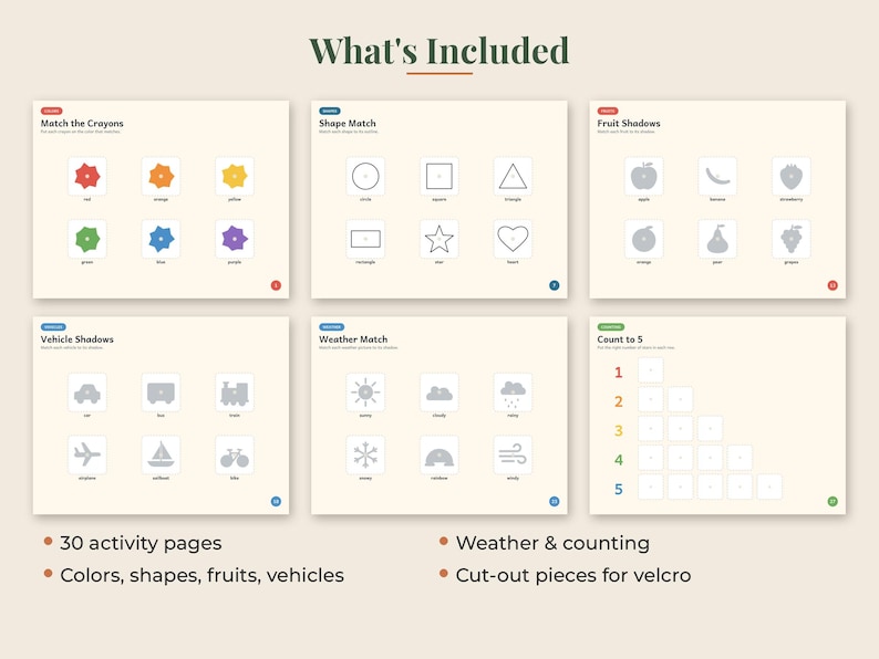 May include: A set of six educational activity pages featuring matching exercises for colors, shapes, fruit shadows, vehicle shadows, weather patterns, and counting to five. The pages include text labels and icons for each task, designed for interactive learning.