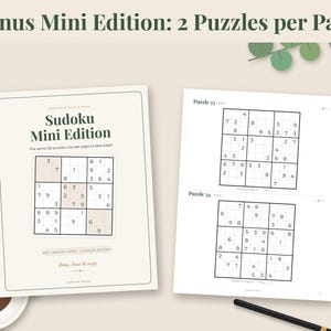 May include: A printable Sudoku Mini Edition puzzle book featuring two puzzles per page. The cover displays the title Sudoku Mini Edition and a sample grid. The interior page shows Puzzle 33 and Puzzle 34 with black numbers on a white background.