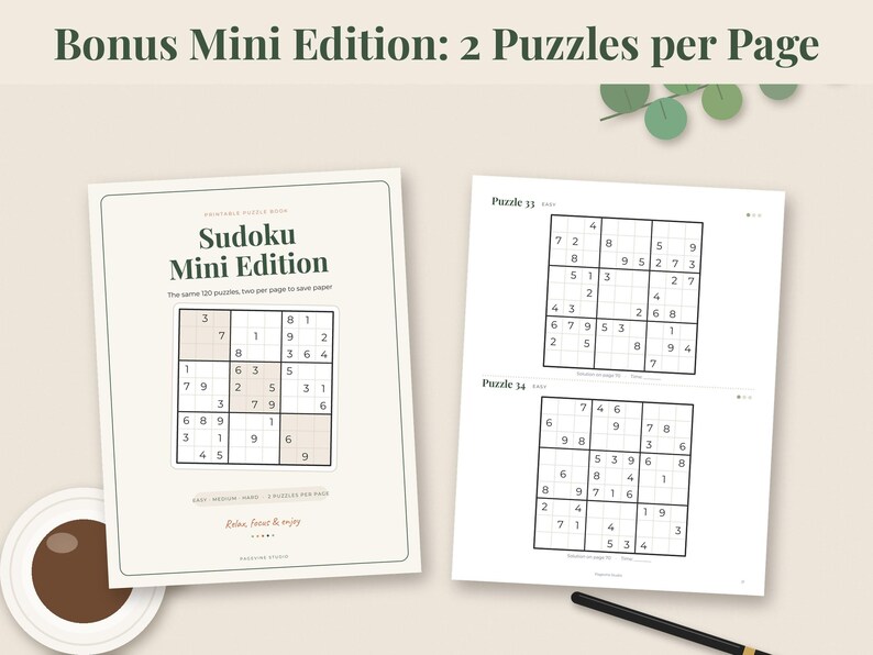 May include: A printable Sudoku Mini Edition puzzle book featuring two puzzles per page. The cover displays the title Sudoku Mini Edition and a sample grid. The interior page shows Puzzle 33 and Puzzle 34 with black numbers on a white background.