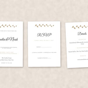 May include: Three white rectangular wedding invitation cards featuring a gold leaf vine graphic at the top. The cards display black text including the names Amelia & Noah, RSVP, and Details, with lines for guest names and attendance information.