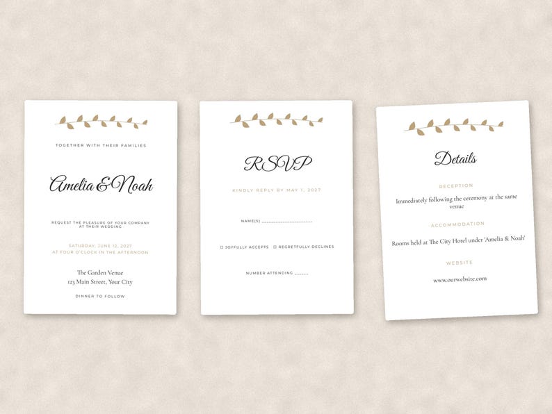 May include: Three white rectangular wedding invitation cards featuring a gold leaf vine graphic at the top. The cards display black text including the names Amelia & Noah, RSVP, and Details, with lines for guest names and attendance information.
