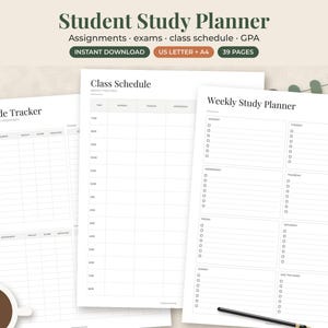 May include: A digital Student Study Planner set featuring 39 pages including a Grade Tracker, Class Schedule, and Weekly Study Planner. The documents are formatted for US Letter and A4 sizes, with clean black text on white paper templates.