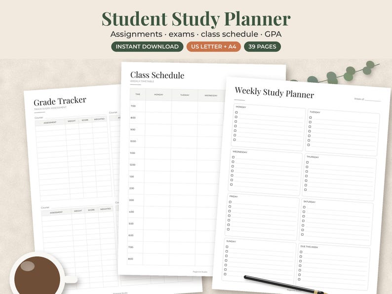 May include: A digital Student Study Planner set featuring 39 pages including a Grade Tracker, Class Schedule, and Weekly Study Planner. The documents are formatted for US Letter and A4 sizes, with clean black text on white paper templates.