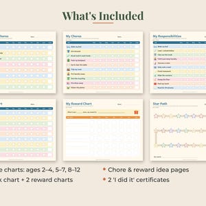 May include: A set of six printable chore and reward charts featuring colorful rows, icons, and text including Little Helper Chores, My Chores, My Responsibilities, My Chore Chart, My Reward Chart, and Star Path, with space for names and dates.