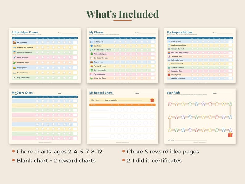 May include: A set of six printable chore and reward charts featuring colorful rows, icons, and text including Little Helper Chores, My Chores, My Responsibilities, My Chore Chart, My Reward Chart, and Star Path, with space for names and dates.