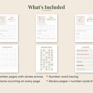 May include: A collection of educational number tracing worksheets featuring stroke arrows, ten-frame counting grids, and number word practice. The pages include exercises for numbers 0-20, missing number sequences, and counting tasks with icons.