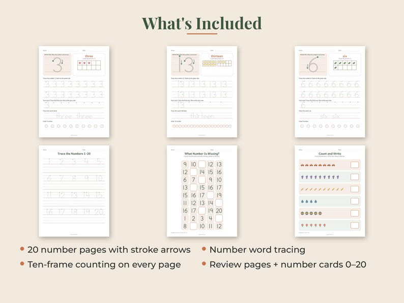 May include: A collection of educational number tracing worksheets featuring stroke arrows, ten-frame counting grids, and number word practice. The pages include exercises for numbers 0-20, missing number sequences, and counting tasks with icons.
