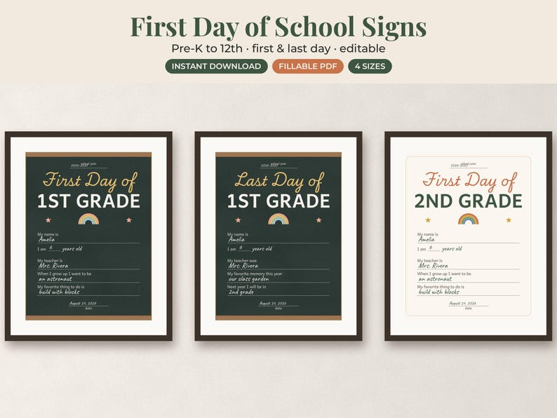 May include: Three framed printable signs for school milestones. Two signs have dark green backgrounds with white and gold text reading First Day of 1ST GRADE and Last Day of 1ST GRADE. One sign has a cream background with First Day of 2ND GRADE.