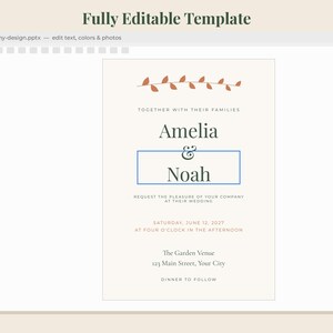 May include: A digital wedding invitation template displayed on a screen with a cream background, featuring a brown leaf graphic, the names Amelia and Noah, and event details including Saturday, June 12, 2027, at four o'clock in the afternoon.