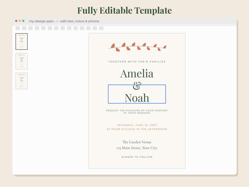 May include: A digital wedding invitation template displayed on a screen with a cream background, featuring a brown leaf graphic, the names Amelia and Noah, and event details including Saturday, June 12, 2027, at four o'clock in the afternoon.