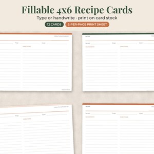 May include: Four rectangular 4x6 recipe cards with a white background and thin horizontal lines. Each card features headers for recipe, from the kitchen of, serves, prep, cook, ingredients, and directions. The top borders are colored orange or green.