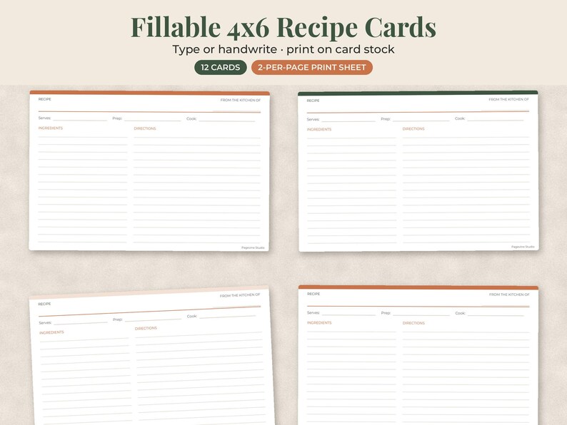 May include: Four rectangular 4x6 recipe cards with a white background and thin horizontal lines. Each card features headers for recipe, from the kitchen of, serves, prep, cook, ingredients, and directions. The top borders are colored orange or green.