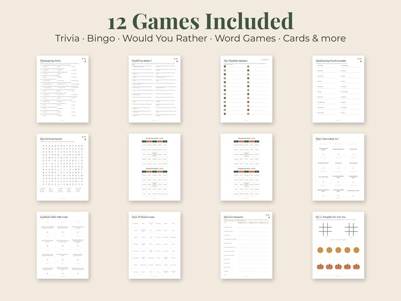 May include: A collection of 12 printable game sheets featuring trivia, bingo, would you rather, word games, and cards. The text at the top reads 12 Games Included, Trivia, Bingo, Would You Rather, Word Games, Cards & more. Each sheet has black text on a white background.