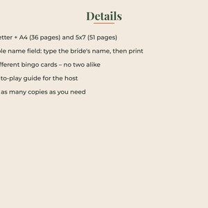 May include: A digital information sheet with the heading Details. It lists features: US Letter and A4 sizes with 36 pages, 5x7 size with 51 pages, a fillable name field, 30 unique bingo cards, a how-to-play guide, and unlimited printing.