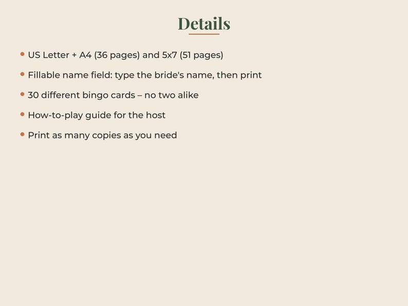May include: A digital information sheet with the heading Details. It lists features: US Letter and A4 sizes with 36 pages, 5x7 size with 51 pages, a fillable name field, 30 unique bingo cards, a how-to-play guide, and unlimited printing.