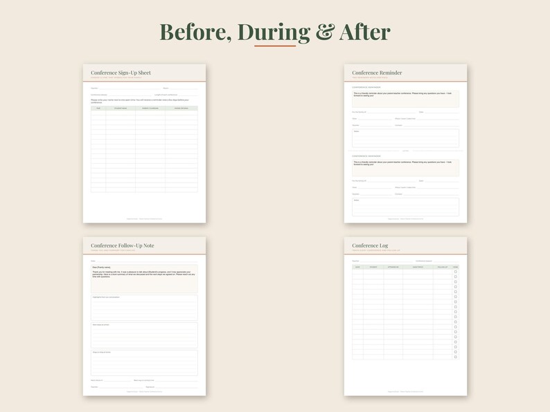 May include: A set of four printable conference planning documents titled Before, During & After. The pages include a Conference Sign-Up Sheet, Conference Reminder, Conference Follow-Up Note, and Conference Log, all featuring white backgrounds with dark text.