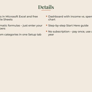 May include: A digital spreadsheet template titled Details, featuring bullet points: Works in Microsoft Excel and free Google Sheets, Automatic formulas, Custom categories in one Setup tab, Dashboard with income vs. spending chart, Step-by-step Start Here guide, and No subscription.