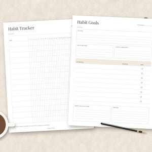 May include: Two white paper sheets featuring black text and lines. One sheet is titled Habit Tracker with a grid for daily entries. The other sheet is titled Habit Goals with sections for goals, action items, and checkboxes for tracking progress.