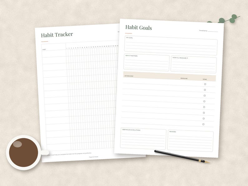May include: Two white paper sheets featuring black text and lines. One sheet is titled Habit Tracker with a grid for daily entries. The other sheet is titled Habit Goals with sections for goals, action items, and checkboxes for tracking progress.