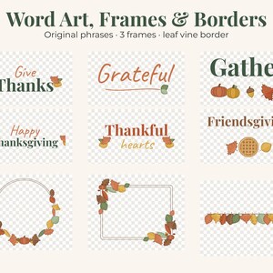 May include: A digital collection of Word Art, Frames & Borders featuring autumn-themed graphics. Text includes Give Thanks, Grateful, Gather, Friendsgiving, Happy Thanksgiving, and Thankful hearts, accompanied by pumpkins, leaves, and acorns.