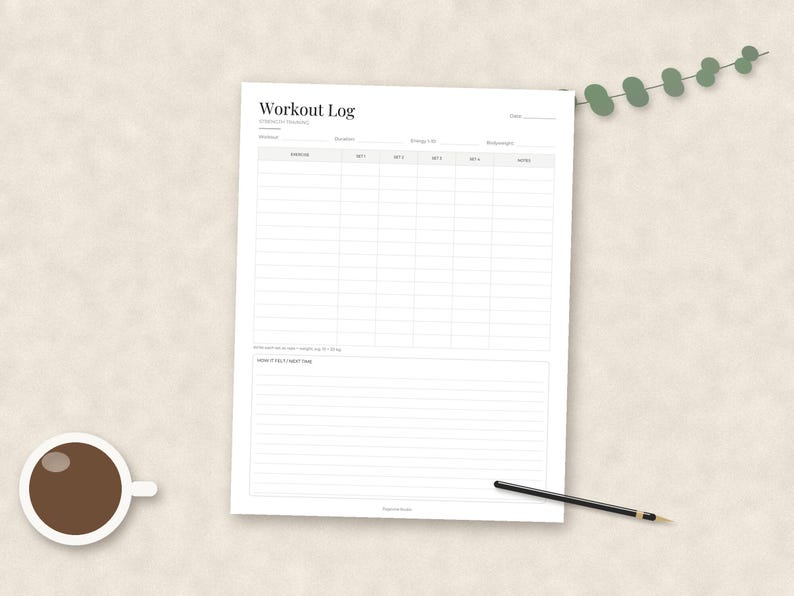 May include: A white workout log sheet with black text and grid lines. The header reads Workout Log, Strength Training, and Date. It includes columns for exercise, sets, and notes, with a lined section at the bottom for additional training notes.