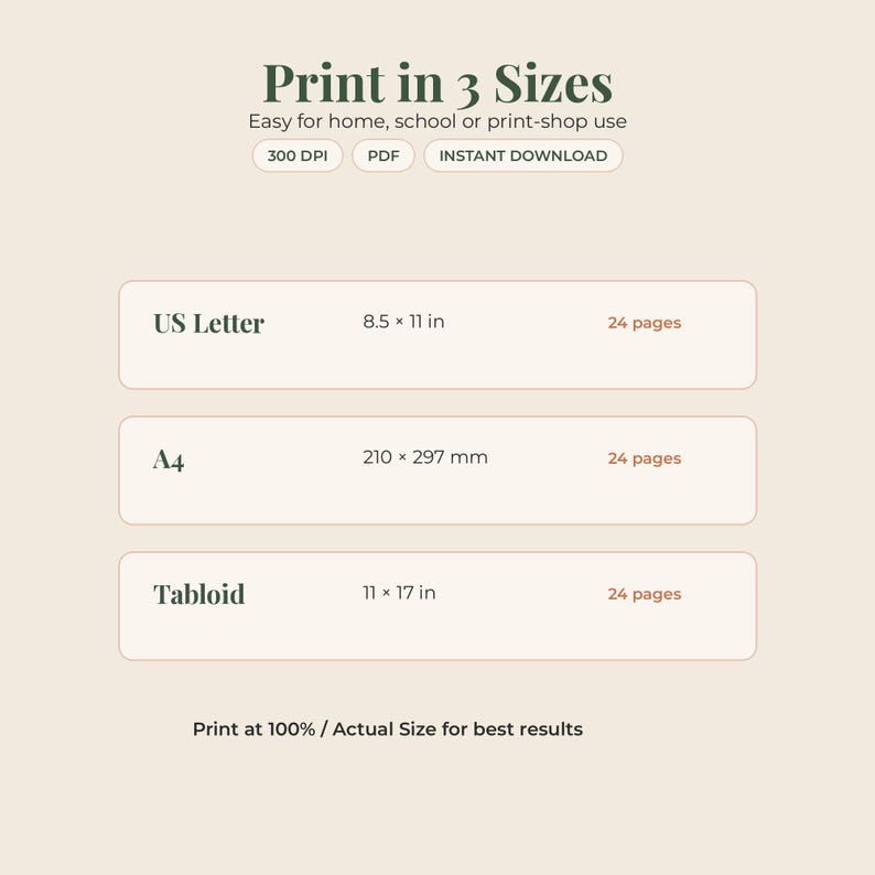 May include: A digital document information graphic titled Print in 3 Sizes. It lists three formats: US Letter at 8.5 x 11 inches, A4 at 210 x 297 mm, and Tabloid at 11 x 17 inches. Each format contains 24 pages. Includes 300 DPI, PDF, and Instant Download labels.