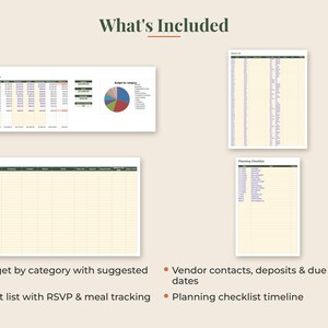 May include: A digital wedding planner template set featuring a budget spreadsheet with a pie chart, a vendor contact list, a guest list tracker, and a planning checklist timeline. The documents use a light yellow background with dark green headers.