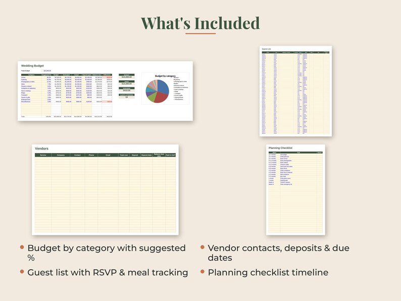 May include: A digital wedding planner template set featuring a budget spreadsheet with a pie chart, a vendor contact list, a guest list tracker, and a planning checklist timeline. The documents use a light yellow background with dark green headers.