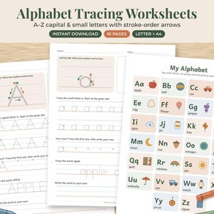 May include: Alphabet tracing worksheets featuring A-Z capital and small letters with stroke-order arrows. The pages include practice lines for writing letters and words, plus a My Alphabet chart with illustrations for each letter from A to Z.
