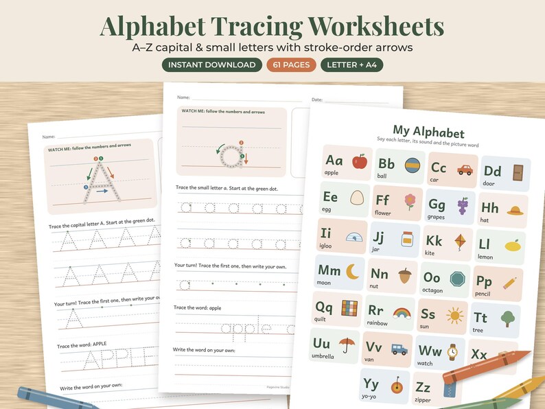 May include: Alphabet tracing worksheets featuring A-Z capital and small letters with stroke-order arrows. The pages include practice lines for writing letters and words, plus a My Alphabet chart with illustrations for each letter from A to Z.