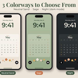 May include: Three smartphones displaying digital calendar wallpapers in Neutral Sand, Sage, and Night colorways. Each screen shows the date Saturday, May 15, time 9:41, a May 2027 calendar widget, and small floral illustrations at the bottom.