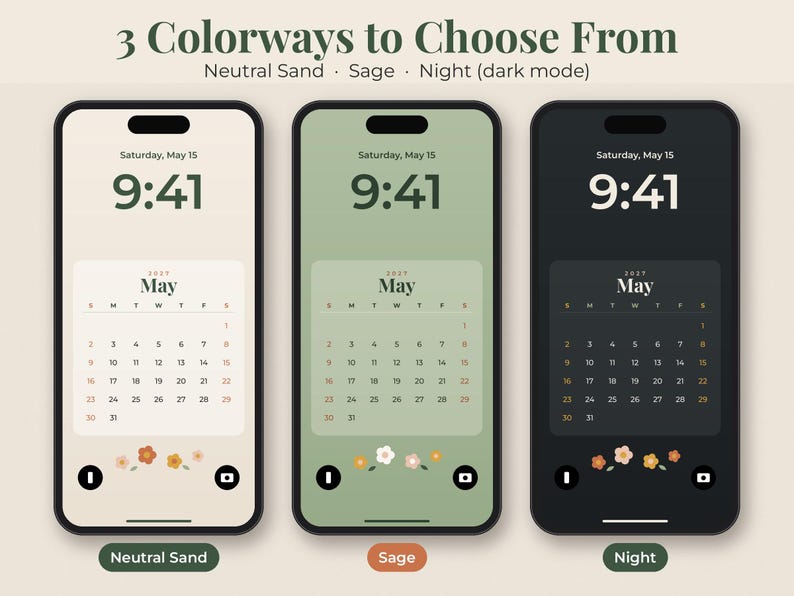 May include: Three smartphones displaying digital calendar wallpapers in Neutral Sand, Sage, and Night colorways. Each screen shows the date Saturday, May 15, time 9:41, a May 2027 calendar widget, and small floral illustrations at the bottom.