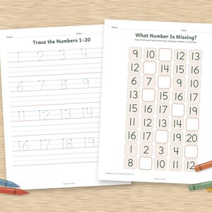 May include: Two educational worksheets on white paper with black text. The left sheet is titled Trace the Numbers 1-20 with dotted numbers for practice. The right sheet is titled What Number Is Missing? with a grid of numbers and empty boxes.