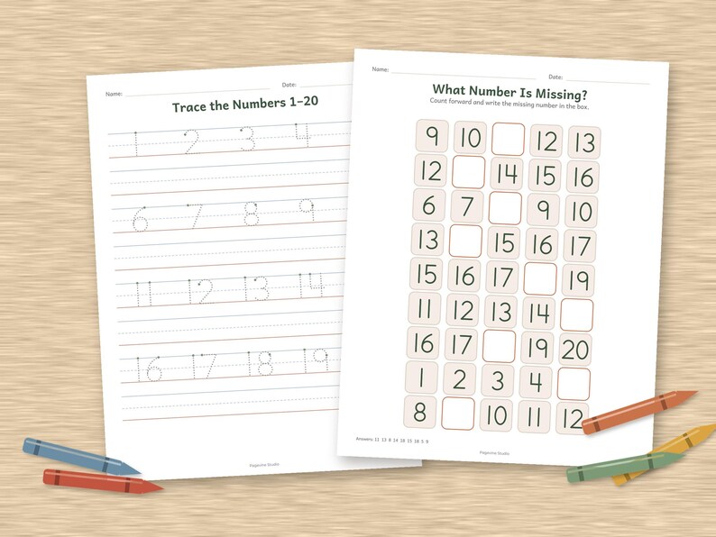 May include: Two educational worksheets on white paper with black text. The left sheet is titled Trace the Numbers 1-20 with dotted numbers for practice. The right sheet is titled What Number Is Missing? with a grid of numbers and empty boxes.