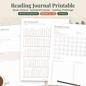 May include: A reading journal printable set featuring three white pages with dark text and soft pink accents. The pages include a book review form, a bookshelf tracker with empty book outlines, and a reading goals page with fifty numbered circles.