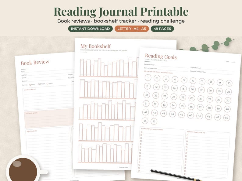 May include: A reading journal printable set featuring three white pages with dark text and soft pink accents. The pages include a book review form, a bookshelf tracker with empty book outlines, and a reading goals page with fifty numbered circles.