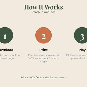 以下が含まれることがあります： How It Works, Ready in minutesというタイトルの説明グラフィック。ダークグリーンの1、オレンジの2、ダークグリーンの3という3つの番号付き円が表示されています。各円の下にはDownload、Print、Playのテキストと説明文、およびPrint at 100% / Actual size for best resultsという記載があります。