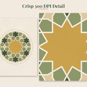 May include: A digital graphic print featuring a geometric star pattern in shades of olive green, mustard yellow, and cream. The design includes a circular motif on the left and a zoomed-in square detail on the right, with the text Crisp 300 DPI Detail.