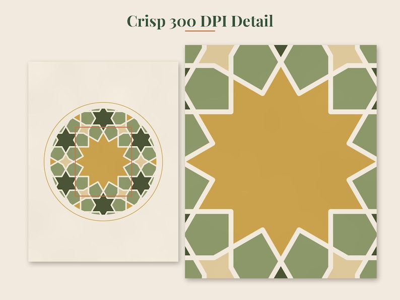 May include: A digital graphic print featuring a geometric star pattern in shades of olive green, mustard yellow, and cream. The design includes a circular motif on the left and a zoomed-in square detail on the right, with the text Crisp 300 DPI Detail.