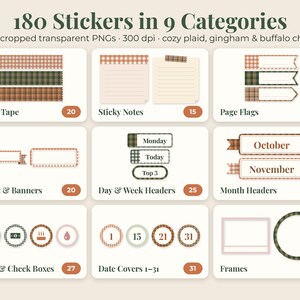 May include: A digital collection of 180 stickers in 9 categories featuring plaid, gingham, and buffalo check patterns. Includes washi tape, sticky notes, page flags, labels, banners, day and week headers, month headers, icons, date covers, and frames.