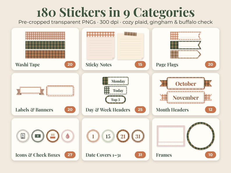 May include: A digital collection of 180 stickers in 9 categories featuring plaid, gingham, and buffalo check patterns. Includes washi tape, sticky notes, page flags, labels, banners, day and week headers, month headers, icons, date covers, and frames.
