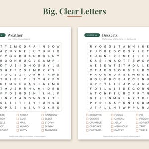 May include: Two word search puzzle pages titled Big, Clear Letters. The left page is titled Weather with a grid of letters and a list of words to find. The right page is titled Desserts with a grid of letters and a list of words to find below.