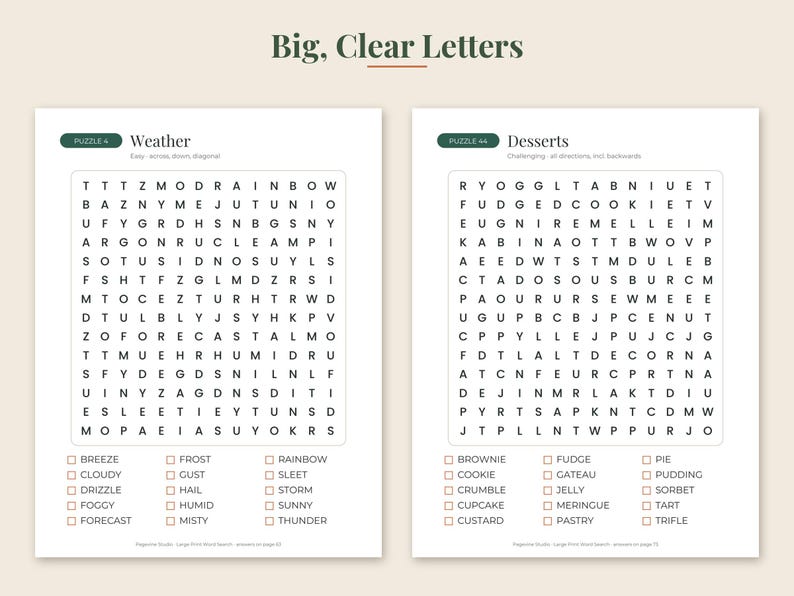 May include: Two word search puzzle pages titled Big, Clear Letters. The left page is titled Weather with a grid of letters and a list of words to find. The right page is titled Desserts with a grid of letters and a list of words to find below.