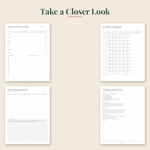 May include: Four white printable workout planner pages with black text. The pages are titled Weekly Workout Plan, 12-Week Challenge, Body Measurements, and Workout Split Ideas. Each page features grids, checkboxes, and lines for tracking fitness progress.