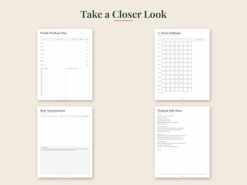 May include: Four white printable workout planner pages with black text. The pages are titled Weekly Workout Plan, 12-Week Challenge, Body Measurements, and Workout Split Ideas. Each page features grids, checkboxes, and lines for tracking fitness progress.
