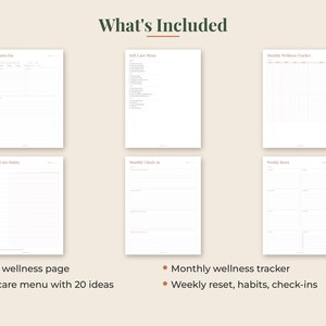 May include: A set of six digital planner pages titled What's Included, featuring a daily wellness page, a self-care menu with 20 ideas, a monthly wellness tracker, a self-care habits page, a monthly check-in, and a weekly reset planner page.