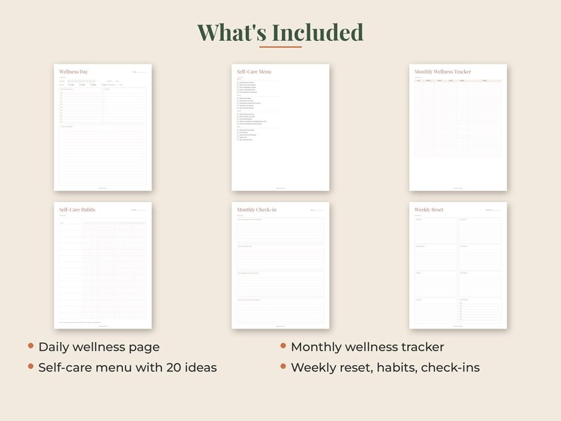 May include: A set of six digital planner pages titled What's Included, featuring a daily wellness page, a self-care menu with 20 ideas, a monthly wellness tracker, a self-care habits page, a monthly check-in, and a weekly reset planner page.