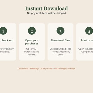 May include: An instructional graphic with a cream background and dark green text detailing four steps for an instant download. The steps are: 1. Buy & check out, 2. Open your purchases, 3. Download files, and 4. Print or open. It includes the text: Questions? Message us any time &ndash; we&rsquo;re happy to help.