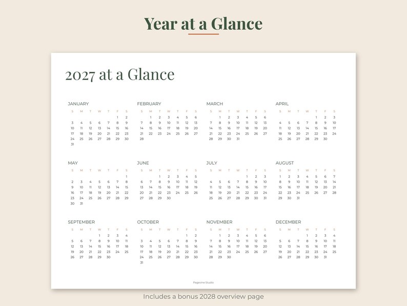 May include: A white 2027 calendar page with the text Year at a Glance at the top and 2027 at a Glance below it. The calendar displays all twelve months from January to December in a grid format with black text on a white background.